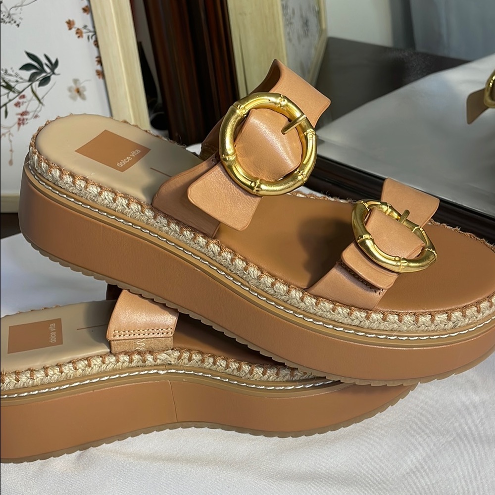 Gold Accent Tan Platform Sandals